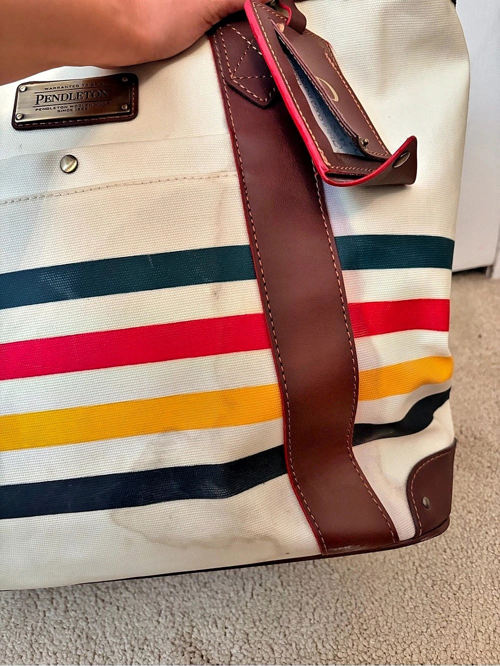 Pendleton Glacier Stripe Long Canvas Weekender Tote Cream & Brown - Picture 4 of 7
